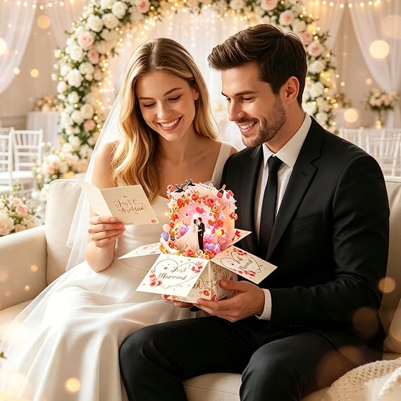 Wedding Card with Music and Light, Just Married 3D Pop Up Wedding Cards | 3D Pop Up Wedding Gift Card for Bride and Groom Daughter, Best Friend, Cash Card for Weddings Engagement