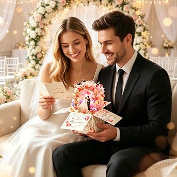 Wedding Card with Music and Light, Just Married 3D Pop Up Wedding Cards | 3D Pop Up Wedding Gift Card for Bride and Groom Daughter, Best Friend, Cash Card for Weddings Engagement