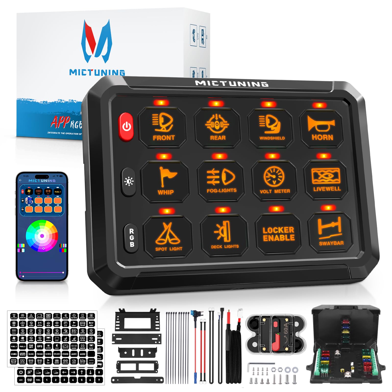 Photo 1 of MICTUNING RGB 12 Gang Switch Panel with App Control, High Power 5 Level Brightness Multifunction Toggle Switch Momentary Circuit Control Relay System Box for Truck Offroad Car, 2-Year Warranty APP 12 Gang