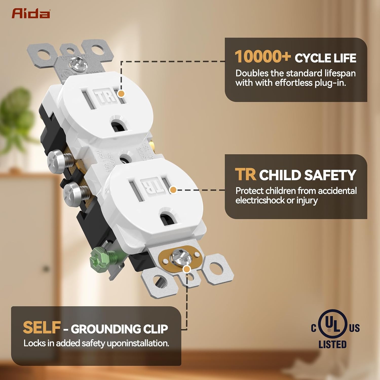 AIDA 10 Pack White Standard Duplex Electrical Wall Receptacle Outlet, 15A 125V, 2 Pole 3 Wire, Tamper Resistant, NEMA 5-15R, Self-Grounding, Wall Plate Included, UL Listed