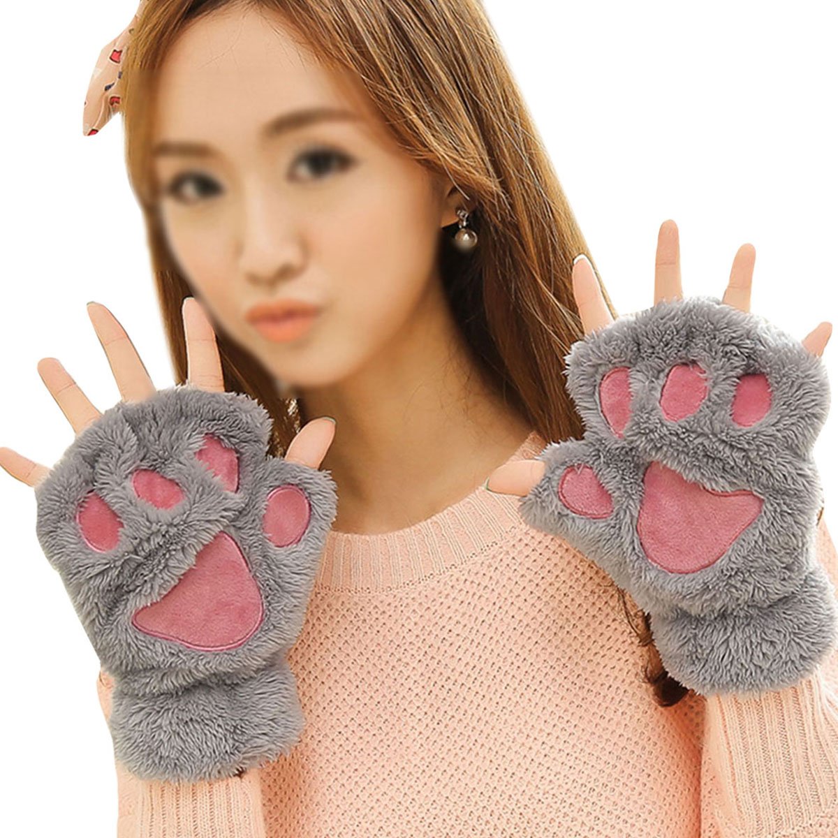 La Haute Women's Grey Girls Winter Cat Paw Claw Gloves Cute Bear Plush Fingerless Gloves Thick Warm Mittens Color