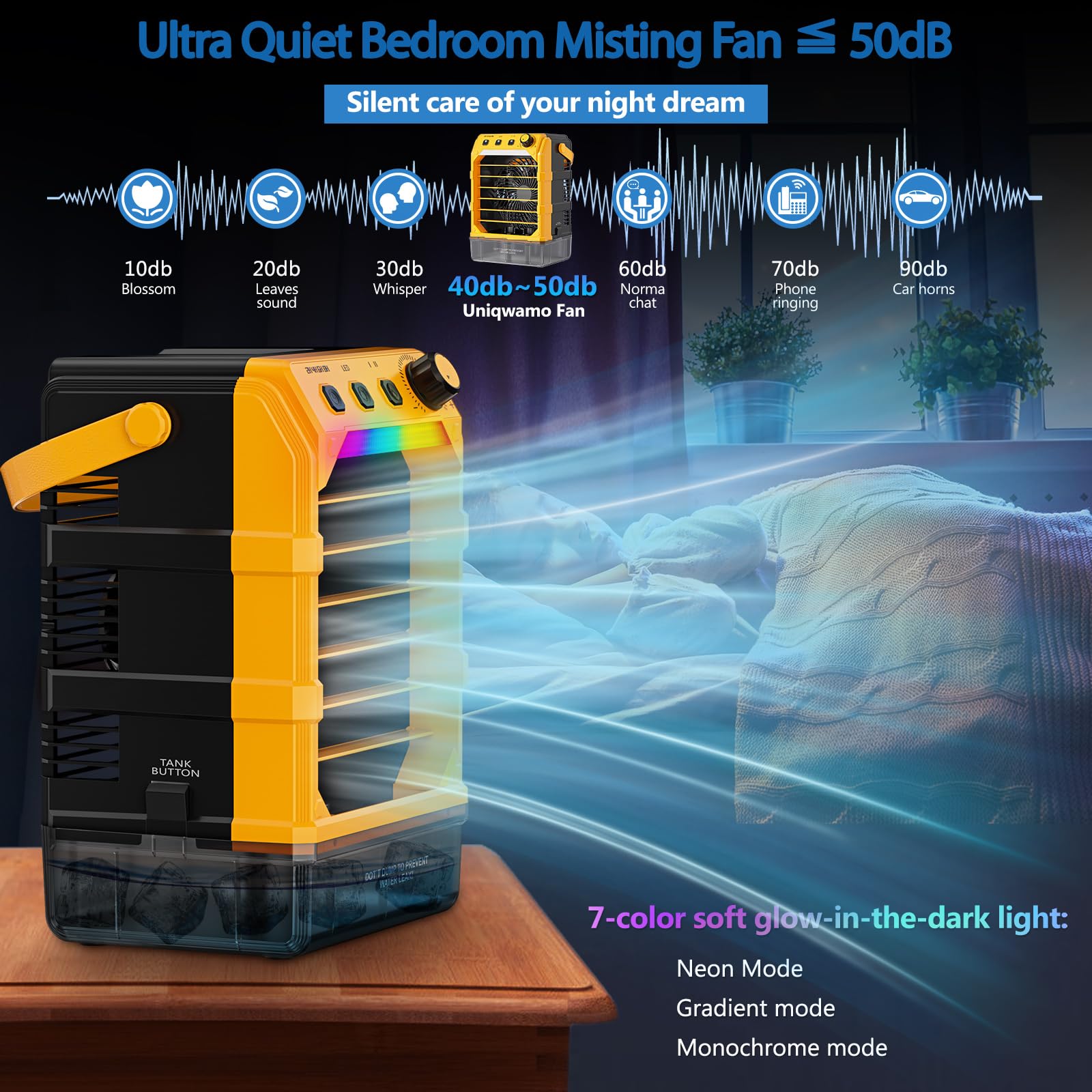 Ventilatore nebulizzatore portatile compatibile per batteria Dewalt da 20 V (senza batteria) o alimentato tramite USB, ventola di raffreddamento per camera da letto con 7 luci, timer 8H, serbatoio