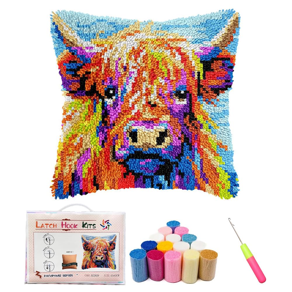 Kaseremy Latch Hook Cushion Kits for Adults Beginners, Highland Cow Cushion Covers for Crafting, Crochet Craft Kits DIY Animal Pillow Case Sofa Home Decor (Highland Cow B)