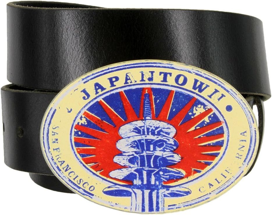 JapanTown Art Round Graphic Print Buckle with Genuine Leather Belt for Women