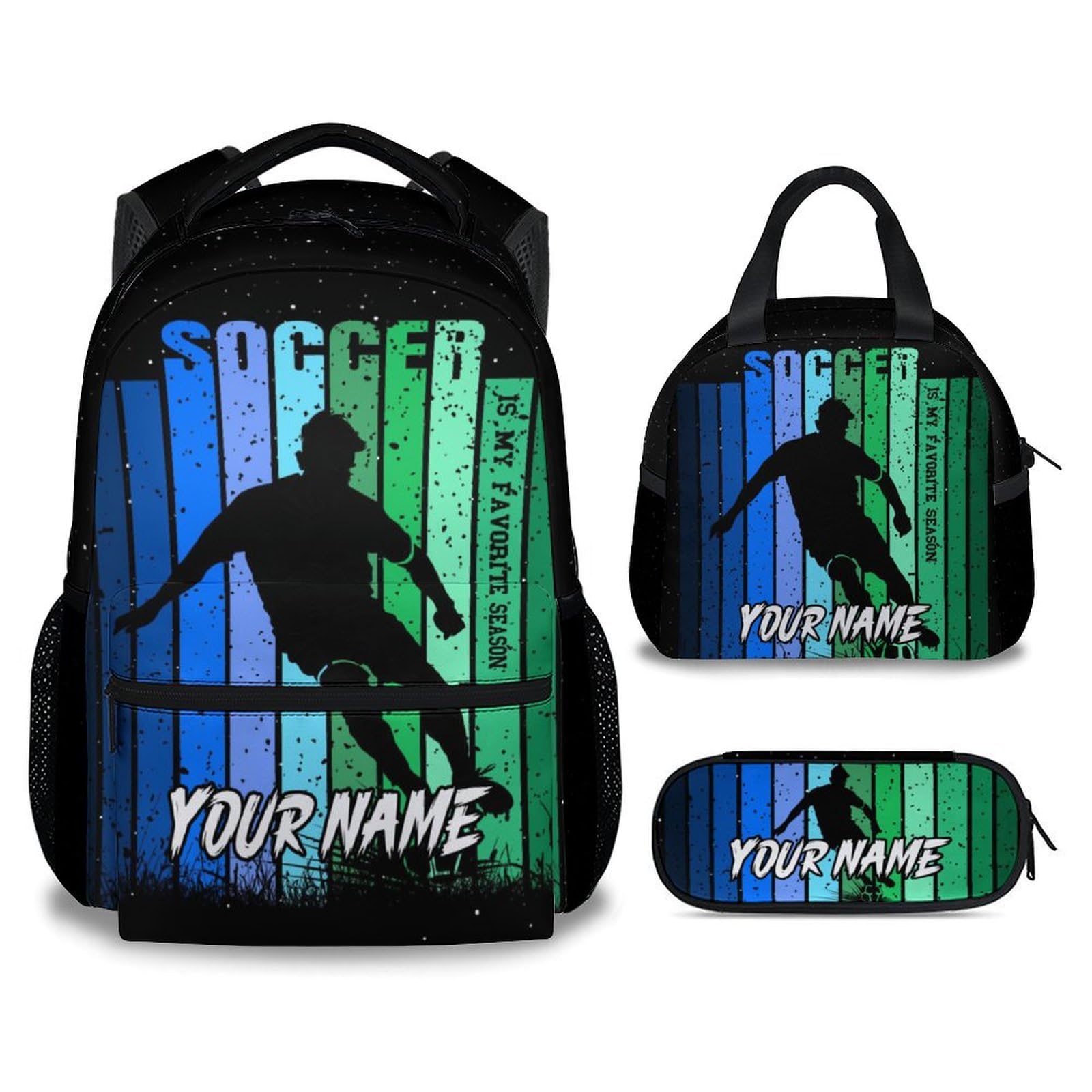 UNIKITTY Personalized Backpack with Lunch Box - Soccer Backpack for Boys - Custom Sport Theme Bookbag for Kids - 17 Inch Children's School Bag for