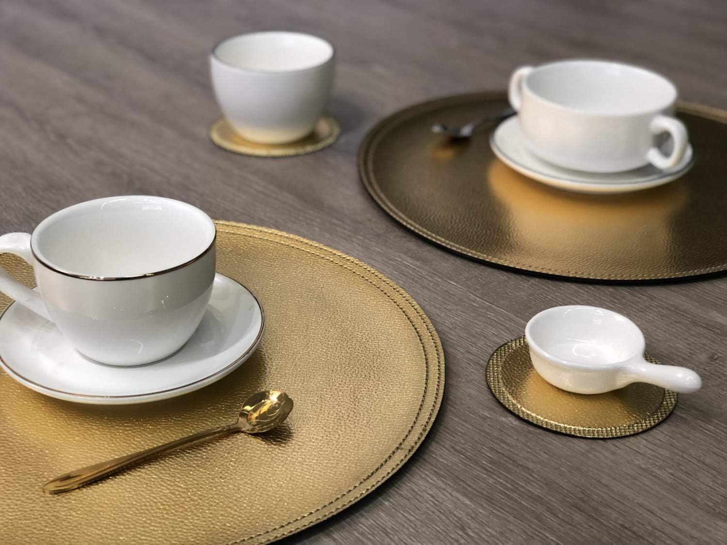 Set of 8 Faux Leather Round Placemats and Coasters, Coffee Mats Kitchen Table Mats, Waterproof, Easy to Clean for Kitchen Dining Round Table