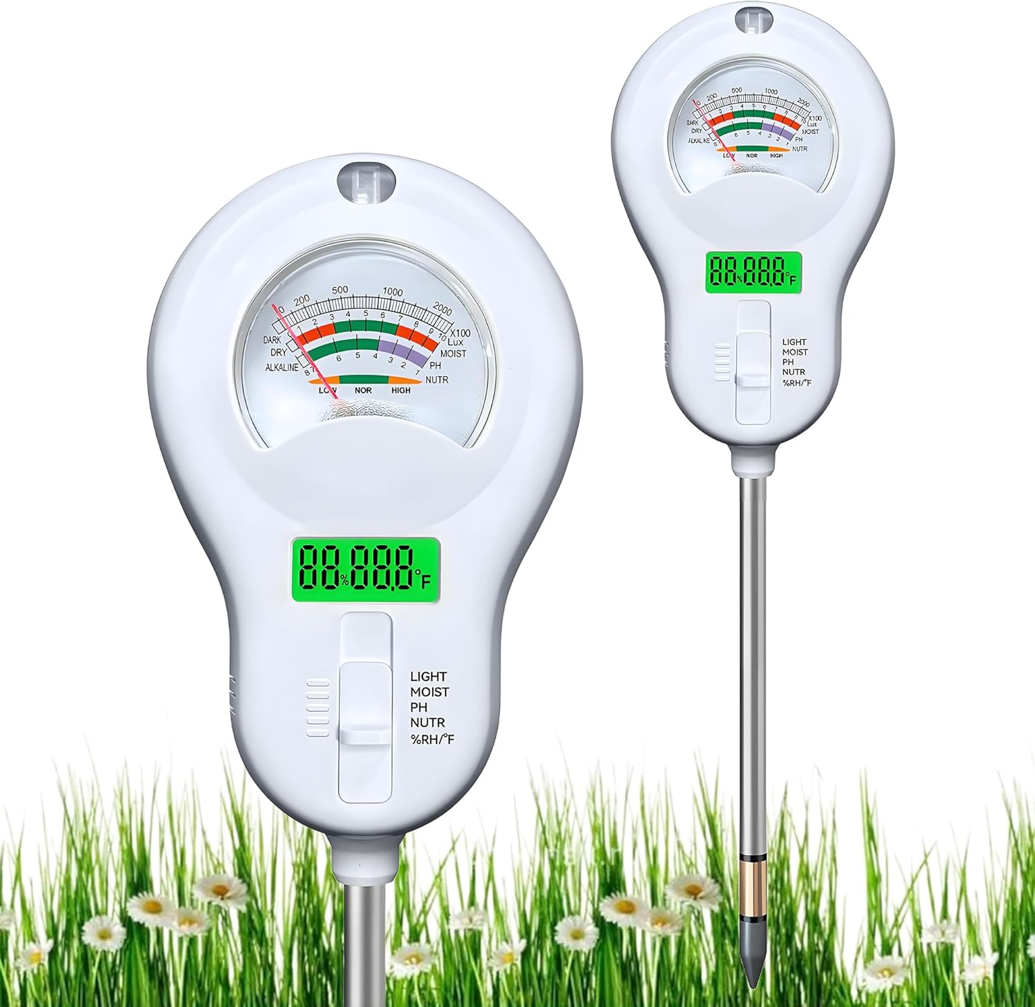 6-in-One Soil Test Kit-Soil Moisture Meter/PH Meter/Fertility/Sunlight Intensity Soil Tester, Dual Screen Meter Display & Rotatable Head for Indoor&Outdoor Plants, Lawn&Farm