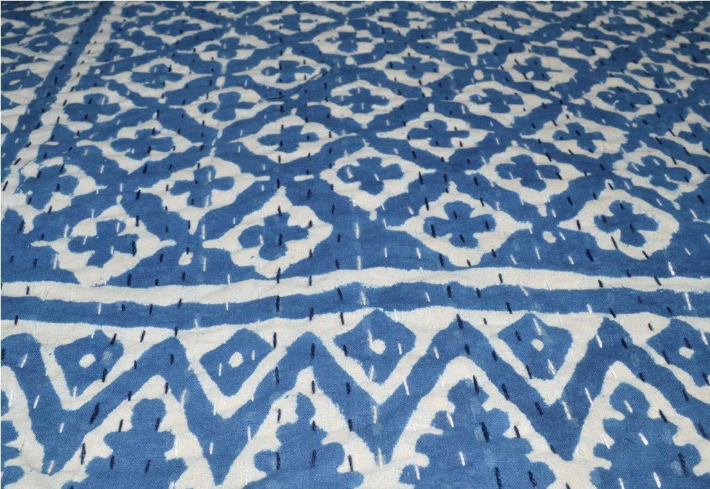V Vedant Designs Hand Block Print Indian Queen Cotton Kantha Quilt Throw Blanket, 90x108 Inch, Blue