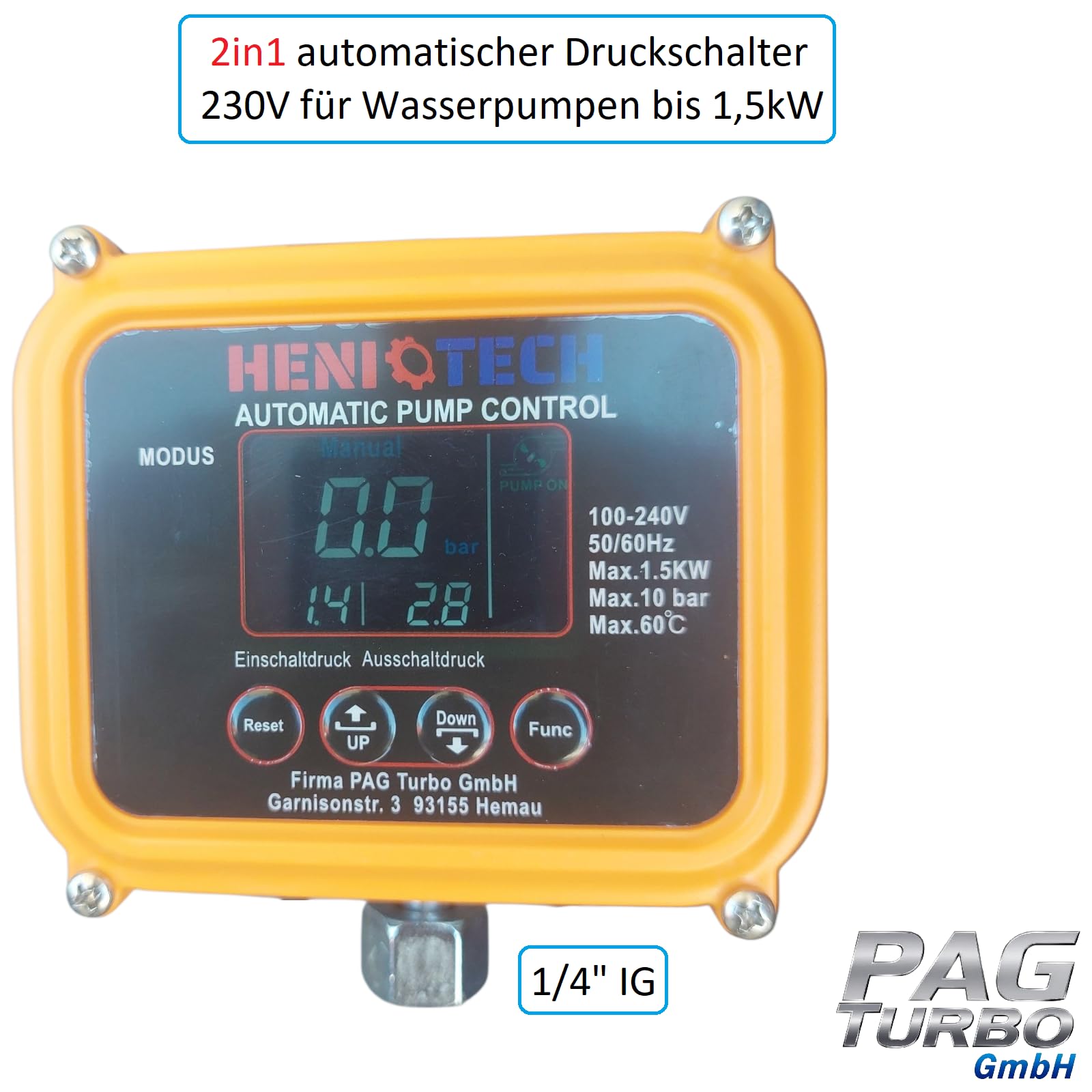 EPC-10 2in1 Elektronischer Druckschalter + Trockenlaufschutz für Gartenpumpe Tiefbrunnenpumpe, anpassbare Druckeinstellungen (0,5-7,0 bar) (EPC-10)