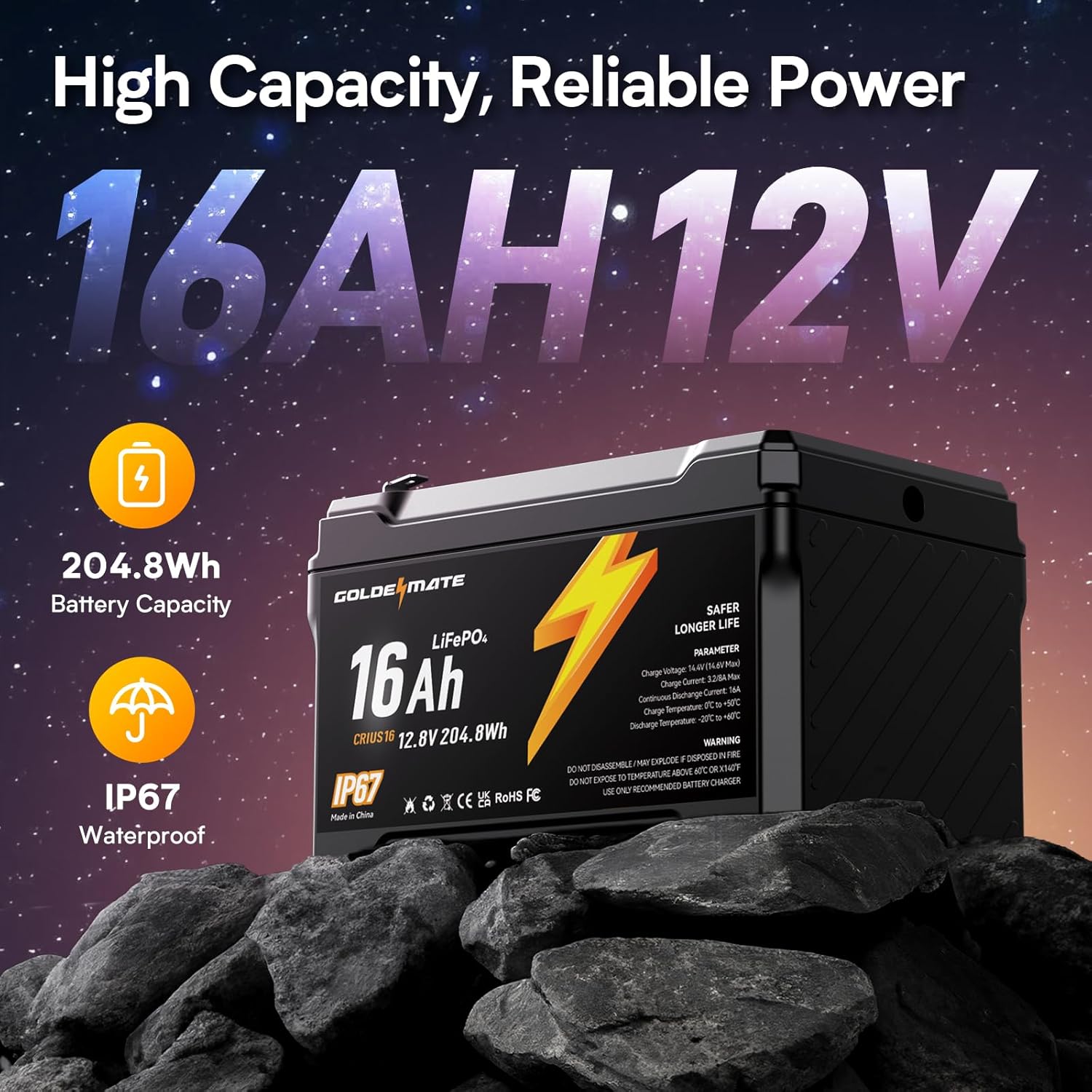 GOLDENMATE 12V 16Ah LiFePO4 Battery, IP67 Waterproof, 12V Lithium Battery w/ 5000+ Deep Cycles, Built-in BMS, Premium Lithium Iron Phosphate Cell, Ideal for Solar, Marine, Fishfinder, Off-grid camping - Image 2