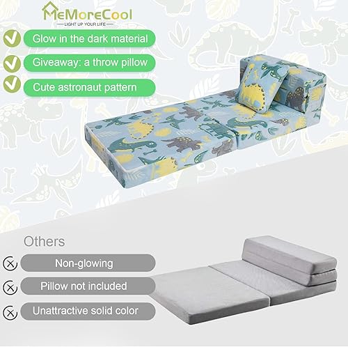 Miniatura 3 de MeMoreCool Glow Dinosaur Tri-fold Sofa Bed for Kids, Foldable Futon Mattress and Chair, Convertible Floor Couch for Playroom Cielo Dino,Planeta