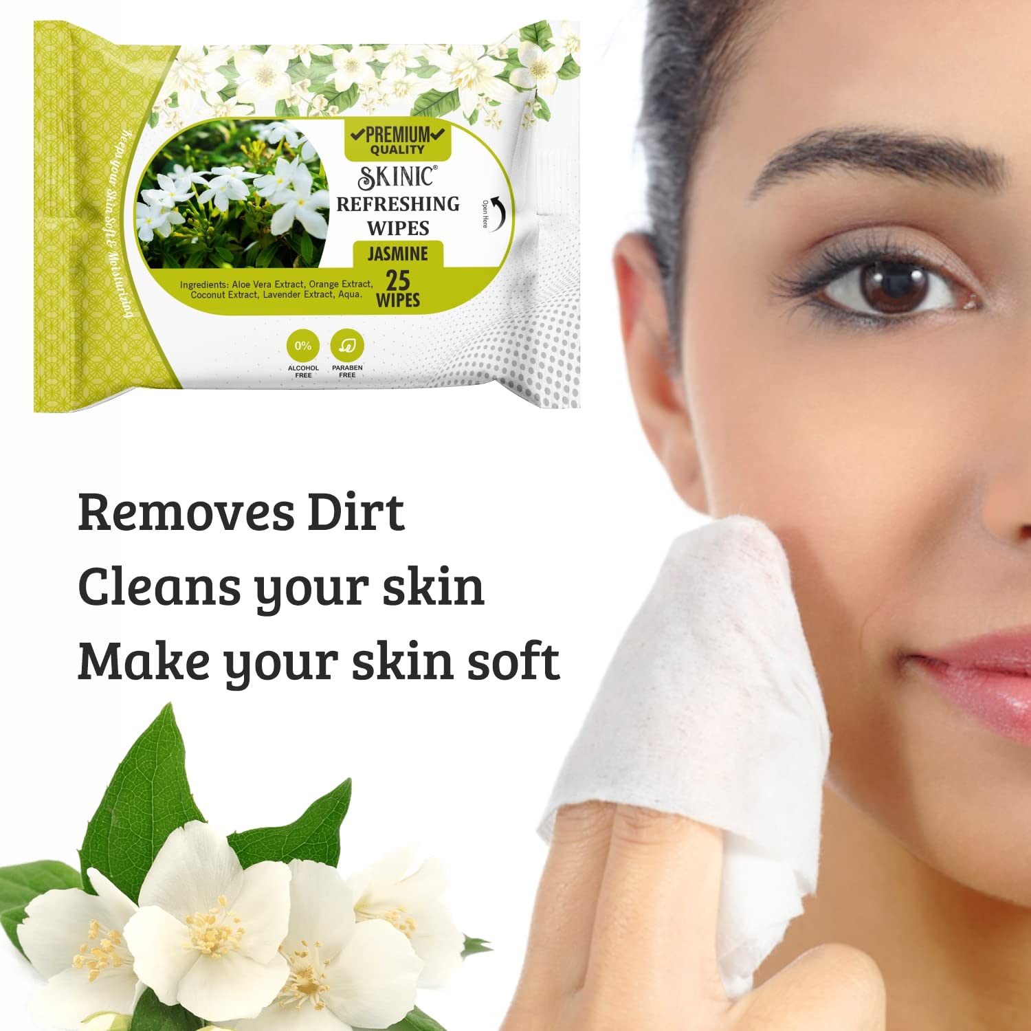 Skinic 100% Herbal Refreshing Wipes with Jasmine Fragrance – Soothing & Gentle Cleansing Wipes for All Skin Types | Alcohol Free | Chemical Free (25 Pulls) PACK OF 2 1