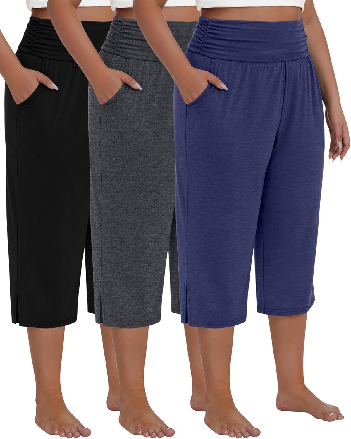 Neer 3 Pack Women's Plus Size Cotton Capri Pants High Waisted Wide Leg Loose Lounge Yoga Cropped Sweatpants with Pockets