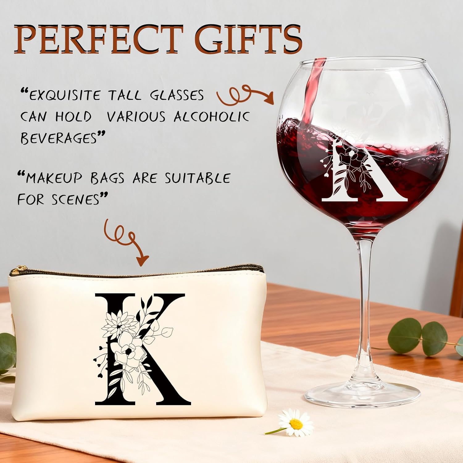 Mothers day Gifts for Women, Monogrammed Wine Glasses with Makeup Bag, Unique Personalized Gifts for Mom Sister Teacher Daughter Grandma (K)