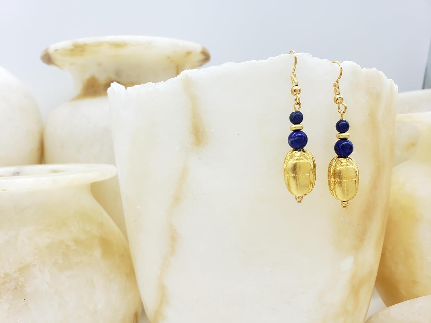 Scarab and Lapis Earrings - Gold Finish