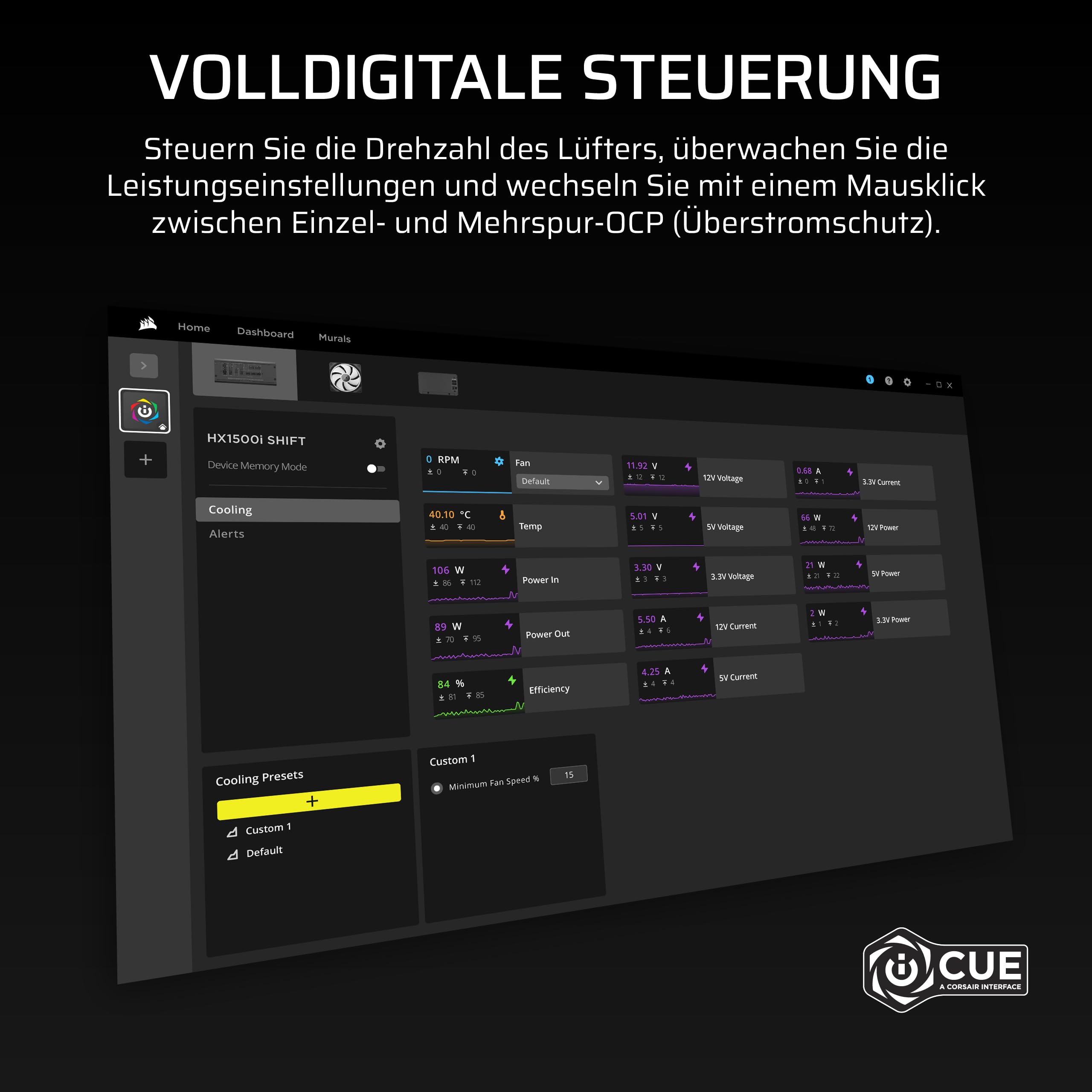 CORSAIR HX1500i Shift ATX-Netzteil, Dual Native 12V-2x6 Kabel – Schwarz | Vollständig Modulares, Eingebauter iCUE LINK System Hub, ATX 3.1, PCIe 5.1, Seitlich Montierte Stecker, Cybenetics Platinum
