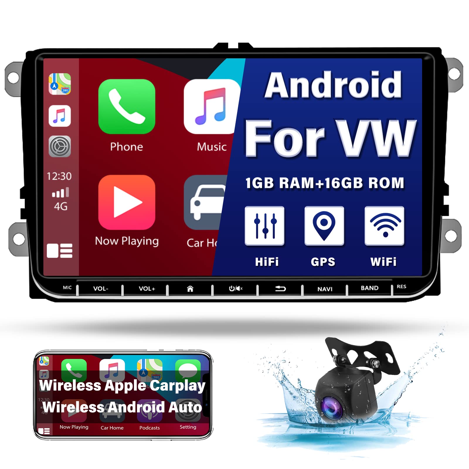Hikity 9 Pollici RDS Autoradio 2 Din Android con Navi Wireless CarPlay per Golf 5 6 VW Passat Tiguan, Stereo Auto Bluetooth con Schermo Retrocamera Touch Screen Radio Auto con FM USB WIFI BT +CANBUS 1GB+16GB+CarPlay