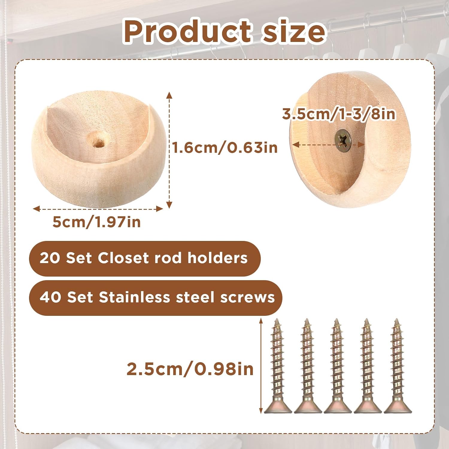 20 Sets Closet Pole Socket Wooden Closet Rod Holders 1-3/8" Pole Bracket Rod Support with Screws for Wardrobe Hallway Bathroom Clothing Store