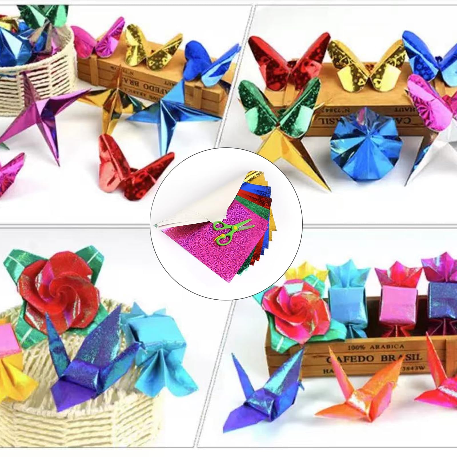 100 Hojas de Papel Brillante para Origami, Cuadrados Iridiscentes Papel de Origami Papel Decorativo Papel Cuadrado con Purpurina Papel Plegable para Manualidades para NiñOs