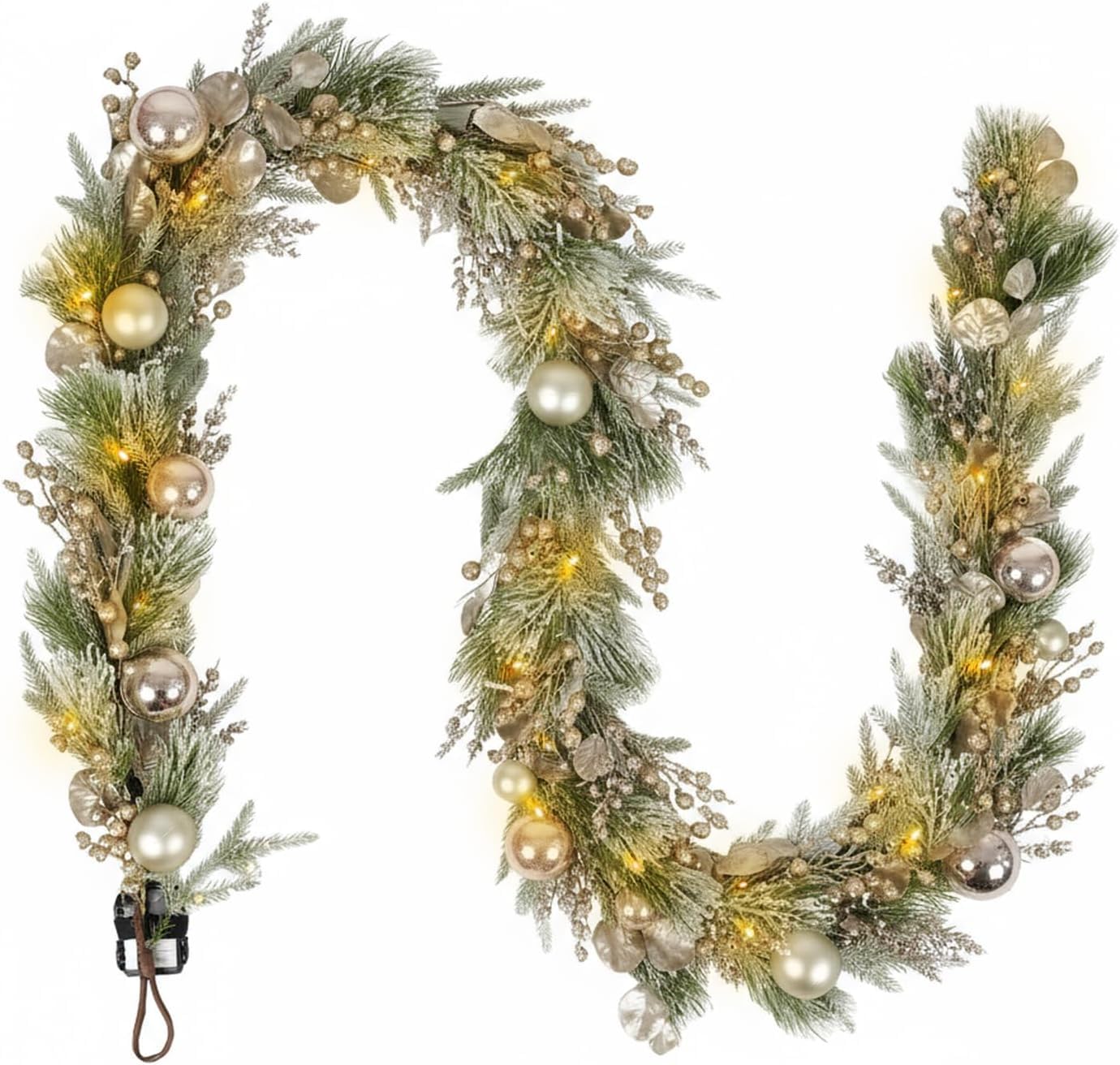 9 Ft Prelit Christmas Garland, Artificial Christmas Garland with Lights, Decoratived with Green Pine Branches Glitter Leaves Balls,with 100 Lights & Timer (Green Sillver-Balls)