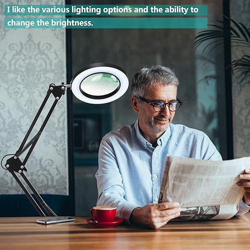 Miniatura 8 de HITTI - Lupa 5X con luz con abrazadera, 3 modos de color, lámpara de aumento regulable continua, 72 LED de lente de cristal real con luz y soporte