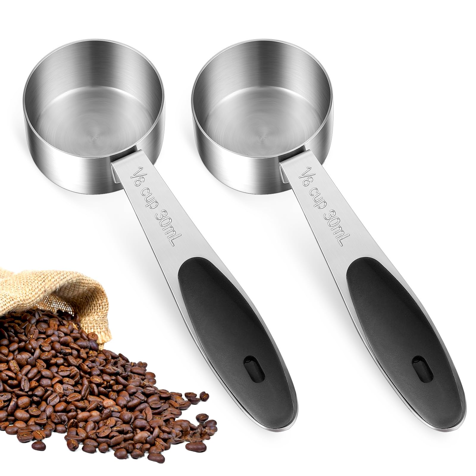 Oruola 2 Stück Kaffeelöffel Portionierer,Edelstahl Kaffeemesslöffel,1/8 Kaffeelöffel Tasse Messbecher,2 EL Kaffee Messlöffel,30 Ml Kaffeedosierlöffel mit Schwarzem Silikongriff