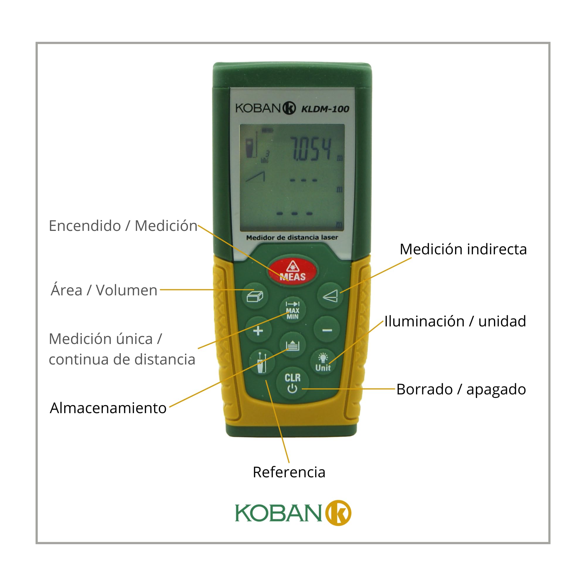 KOBAN KLDM-100 Mesureur Laser de Distance 100 Mètres Précision ±1,5mm avec Grand Écran LCD. Télémètre Laser de Poche IP54. Outil de Mesure Numérique pour l'Extérieur Facile à Utiliser.