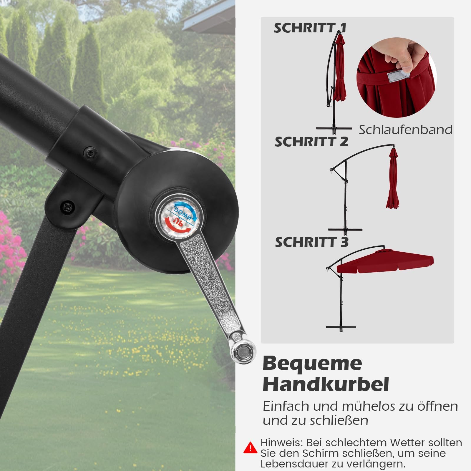 FANTASK Sonnenschirm 300 cm, inkl. Schutzhülle, Ampelschirm mit Kurbel und Volant, Neigungswinkel verstellbar, Gartenschirm, Marktschirm (Rot)