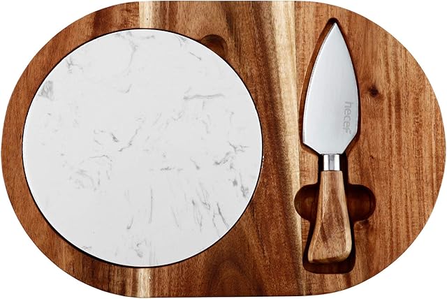 hecef Wooden Cheese Board Gift Set, Acacia Wood Charcuterie Tray Platter with White Marble Board & Cheese Knife for House warming, Christmas, Anniersary