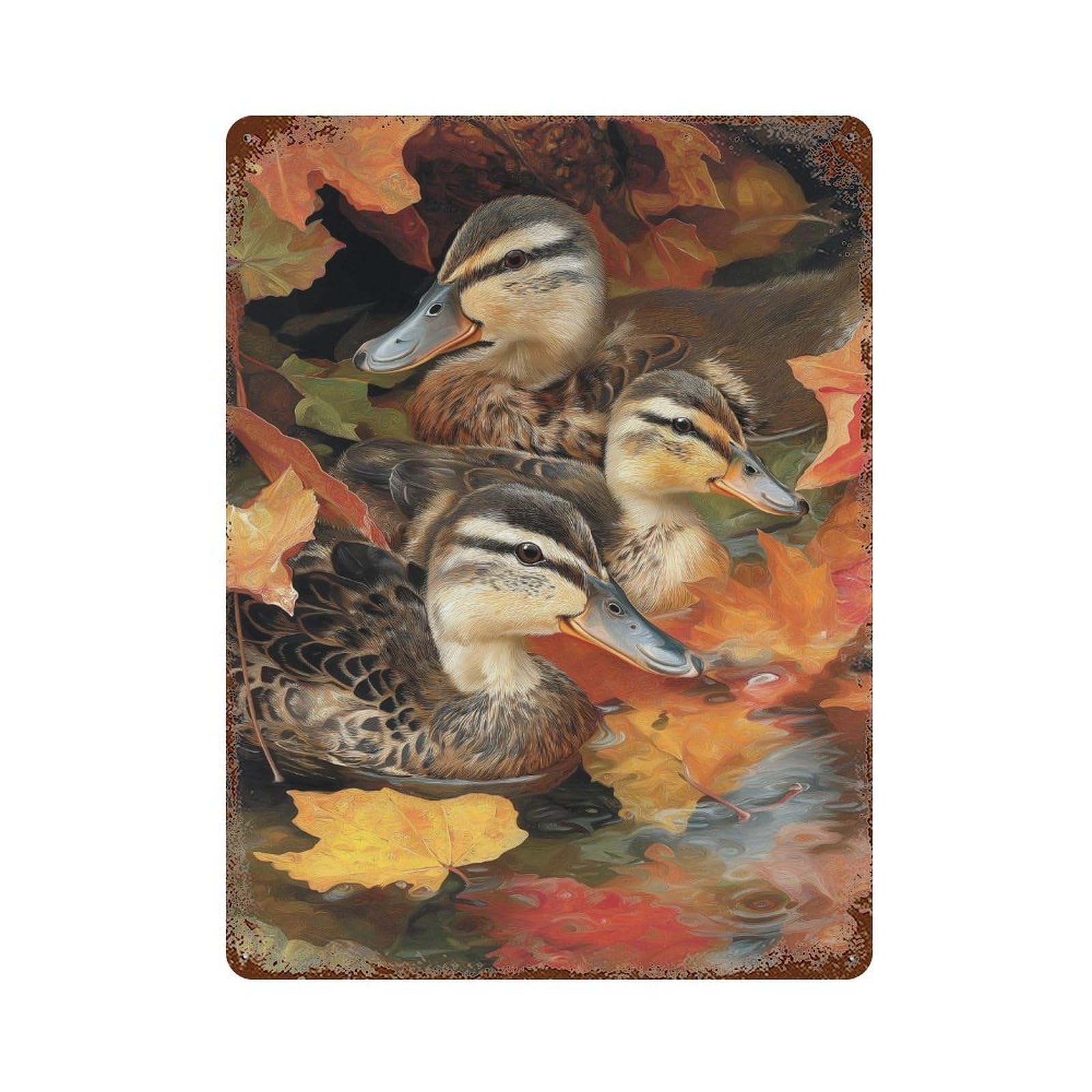 Ducks in Autumn Leaves Aged Metal Wall Plaque 15.7"x11.8", Classic Wall Plaque for Garage, Pub Or Kitchen