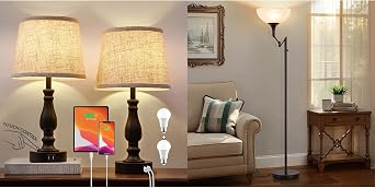 EJIAXIN Touch Bedside Table Lamps for Bedrooms Set of 2 with USB A+C Ports + 70" Brown Torchiere Standing Floor Lamps for Living Room with Adjustable Swing Arm