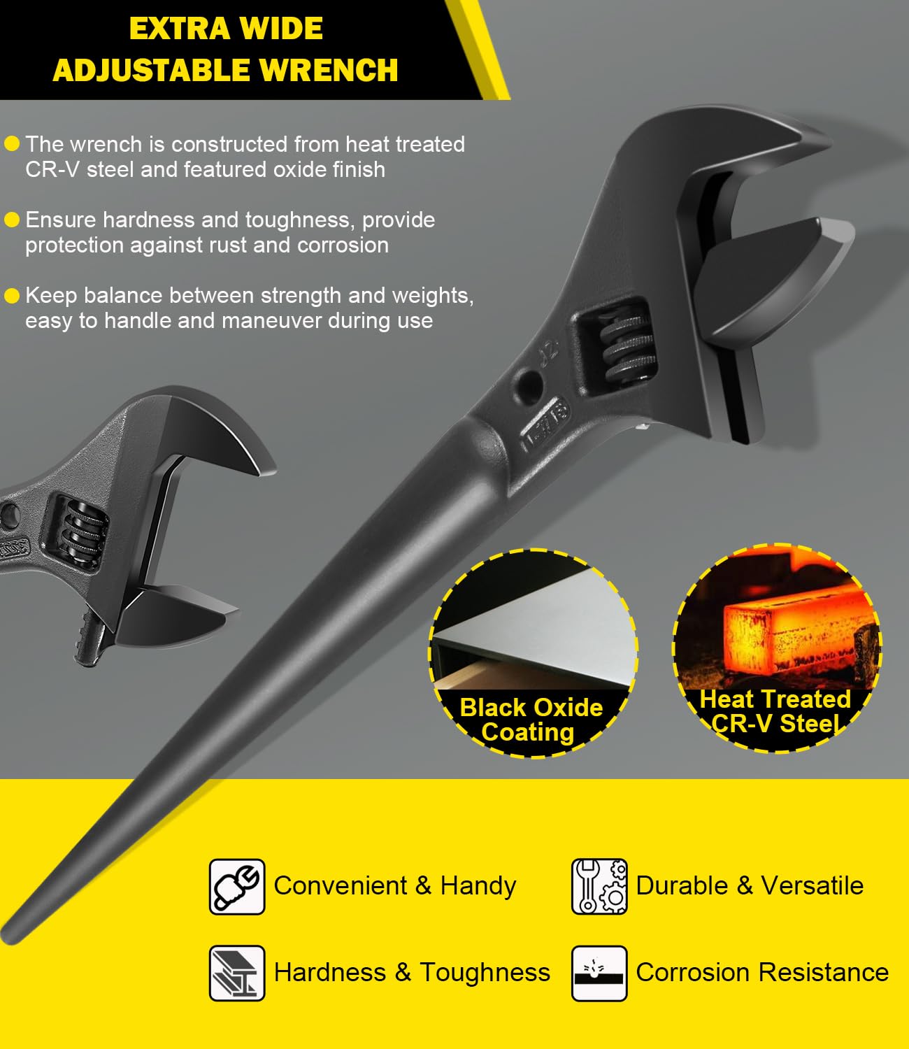 3277 Llave ajustable extra ancha, llave de espiga con agujero de sujeción para tuercas y pernos de hasta 1-7/16 pulgadas, 10 pulgadas