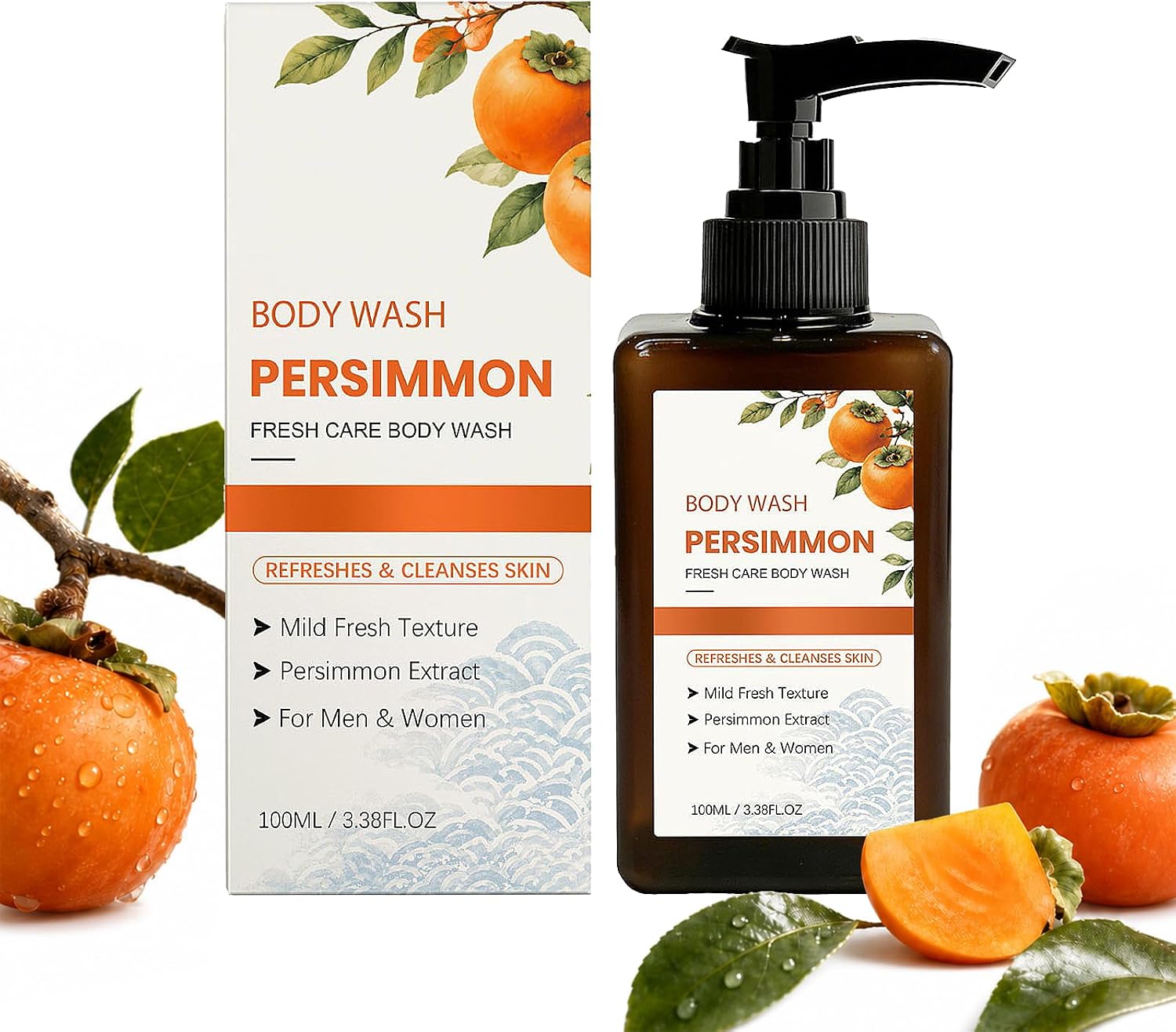 Persimmon Body Wash for Old People Smell - Natural Deodorizing with Fermented Persimmon & Green Tea Extracts - Mature Skin Odor Control - Gentle Cleanser for Sensitive & Aging Skin (100 mL)