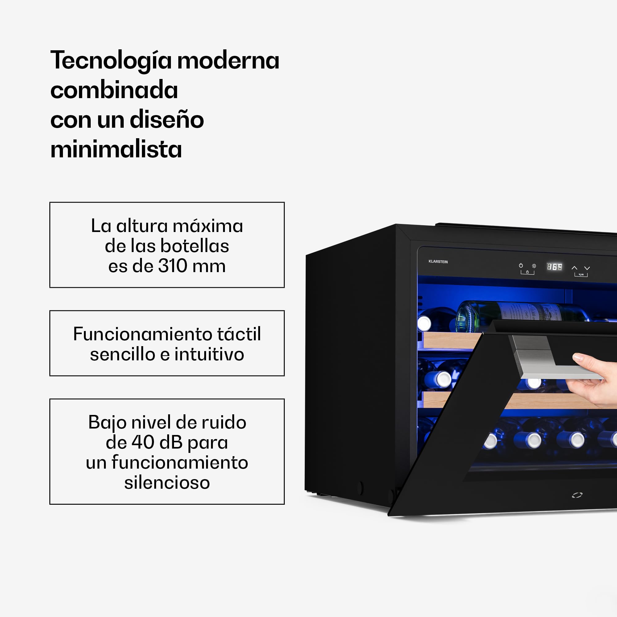 KLARSTEIN Illuminosa Vinoteca Integrable - 19 Botellas, 1 Zona, 5-20°C, LED, Control Táctil, Puerta UV, 3 Estantes Madera, Nevera Vinos Empotrable
