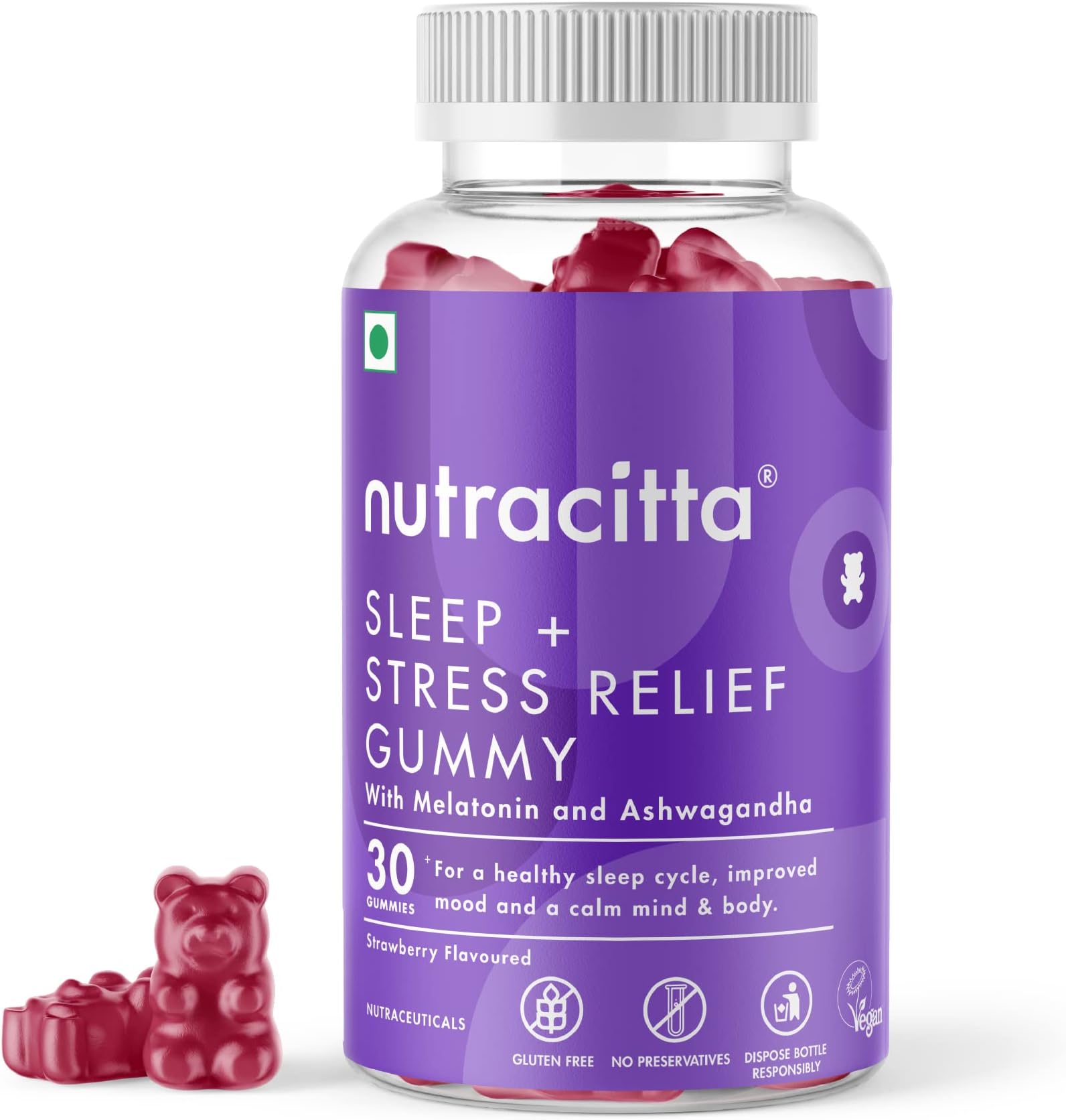 Sleep & Stress Relief Gummies for Adults Men & Women | Enriched with 5 mg Melatonin & Ashwagandha | Vegetarian Strawberry Flavour | 30 Count (Pack of 1)