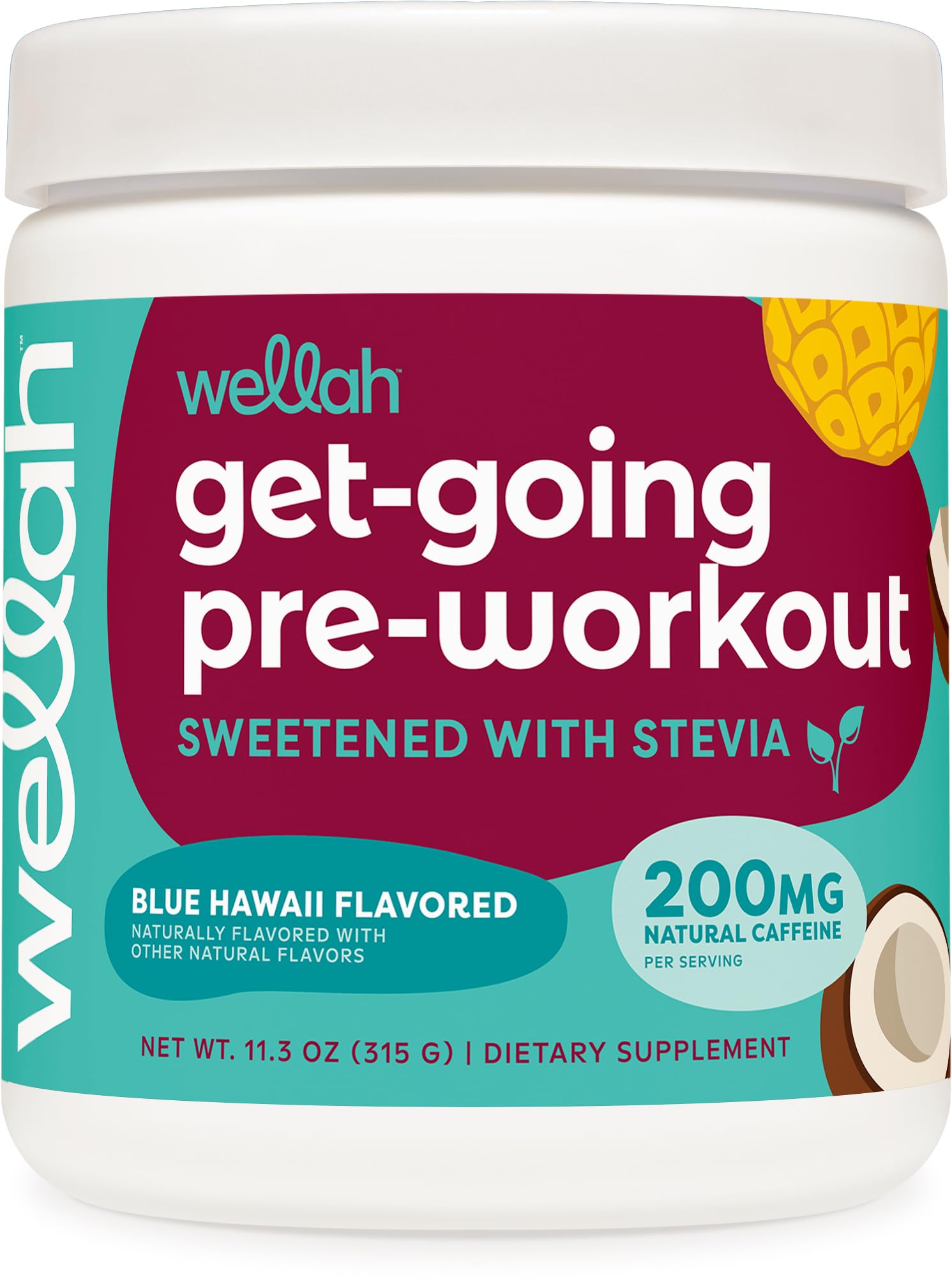 Wellah Get-Going Pre-Workout Drink Mix (Blue Hawaii Flavored, 30 Servings) - with Citrulline Malate and L-Theanine, 200mg of Natural Caffeine & 1000mg