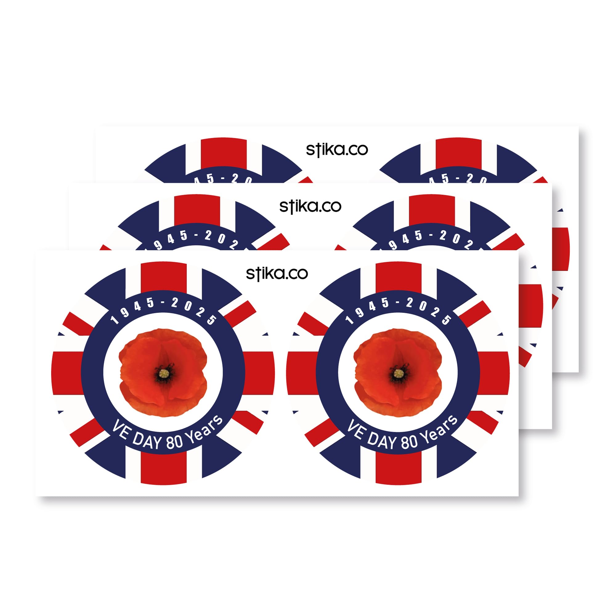 stika.co Set of 6 VE Day 80th Anniversary Stickers - VE Poppy Sticker - 10cm Self-Adhesive Vinyl Decals for Street Parties, Windows & Celebration Decor
