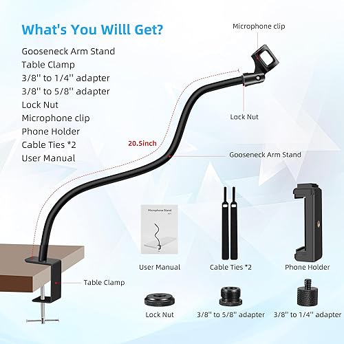 Miniatura 5 de Soporte de brazo para micrófono largo de 20.5 pulgadas, resistente cuello de cisne, soporte de micrófono ajustable, soporte para micrófono, soporte