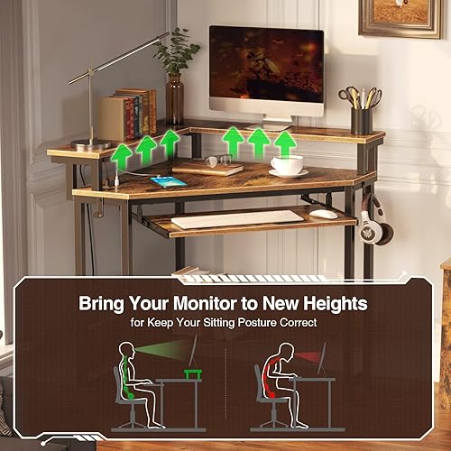 Miniatura 7 de Rolanstar Escritorio esquinero, 44.5 pulgadas de ancho x 34.5 pulgadas de alto, escritorio pequeño para computadora con tomas de corriente, Marrón