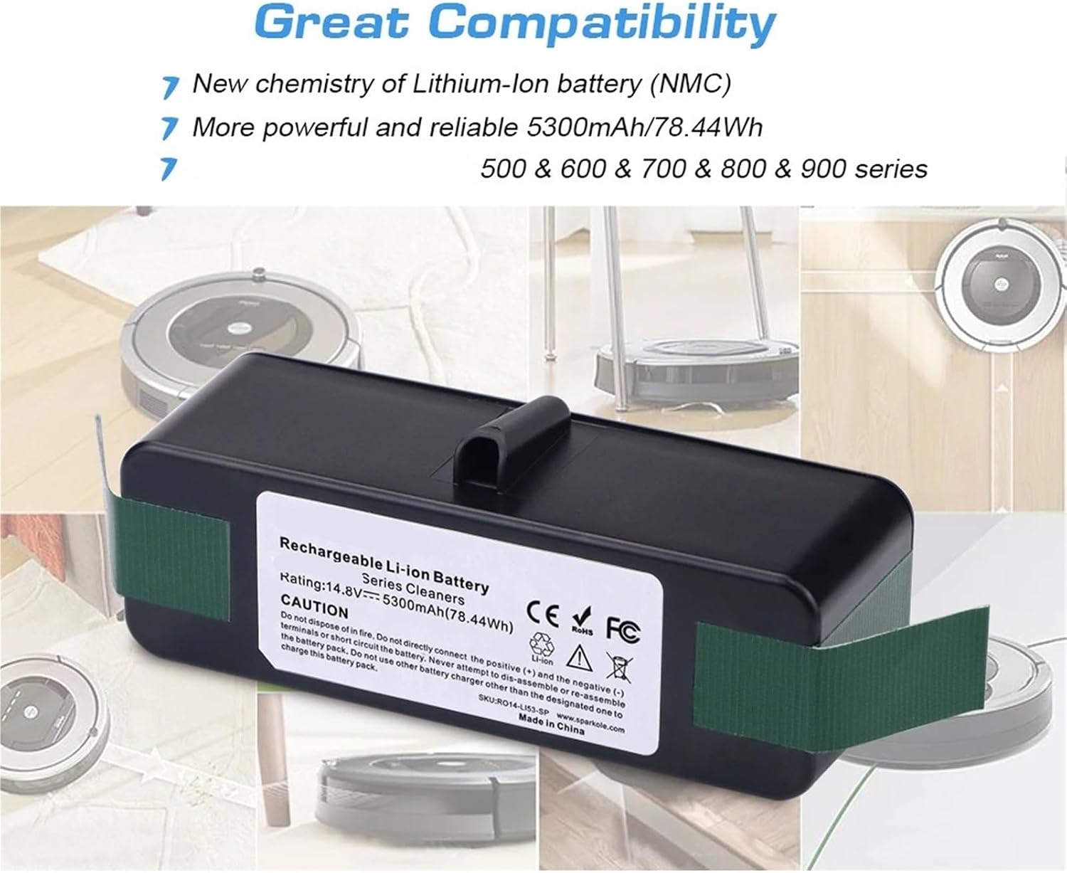5.3Ah 14.8V Li-ion Battery, Compatible For Roomba, 500 600 700 800 Series 560 620 630 650 760 770 870 R3