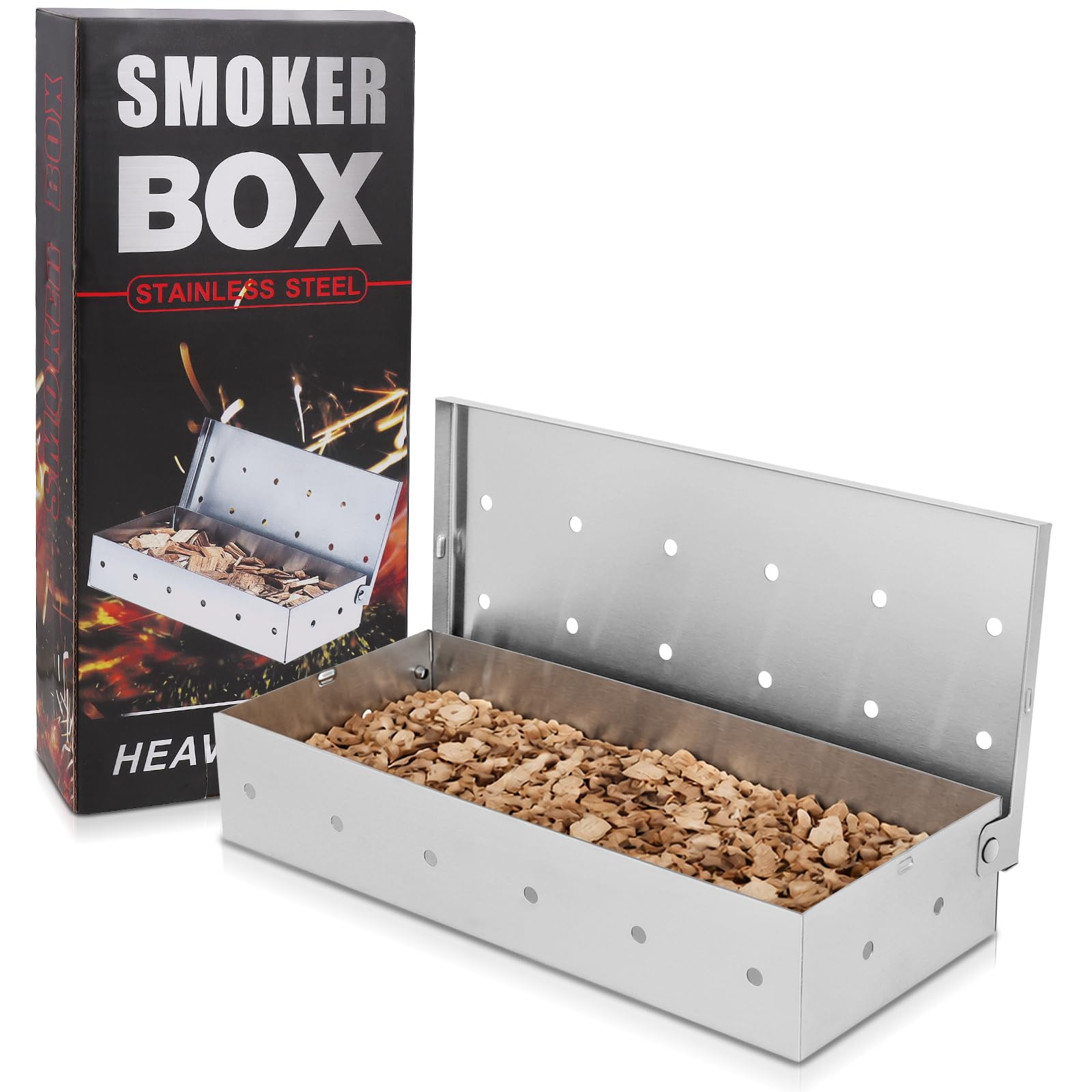 Tazoueoo Stainless Steel Smoker Box Set with Apple Wood Chips, 23x10.5x5 cm, For Gas & Charcoal BBQs, 2 Pieces