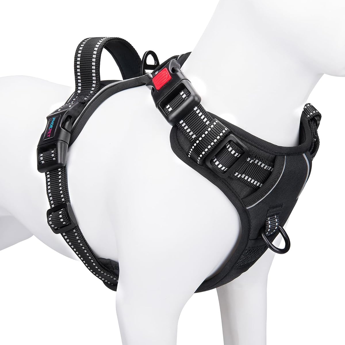 Arnés para perros sin tirones Chaleco con clip frontal reflectante mediano con asa | Ajustable 2 anillos de metal 3 hebillas, [fácil de poner y quitar] (M, negro)