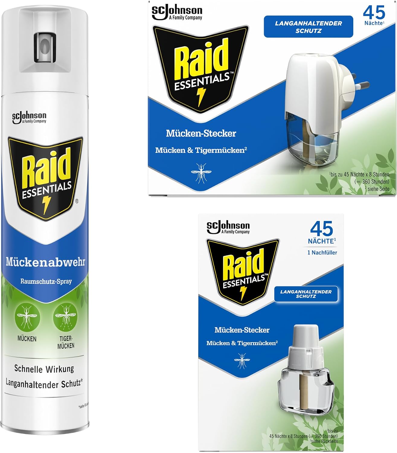 Raid Essentials Indoor Trio Mosquito Repellent Bundle Includes Mosquito Repellent Spray 300ml 45 Nights Mosquito Repellent and Refill 2 x 32ml