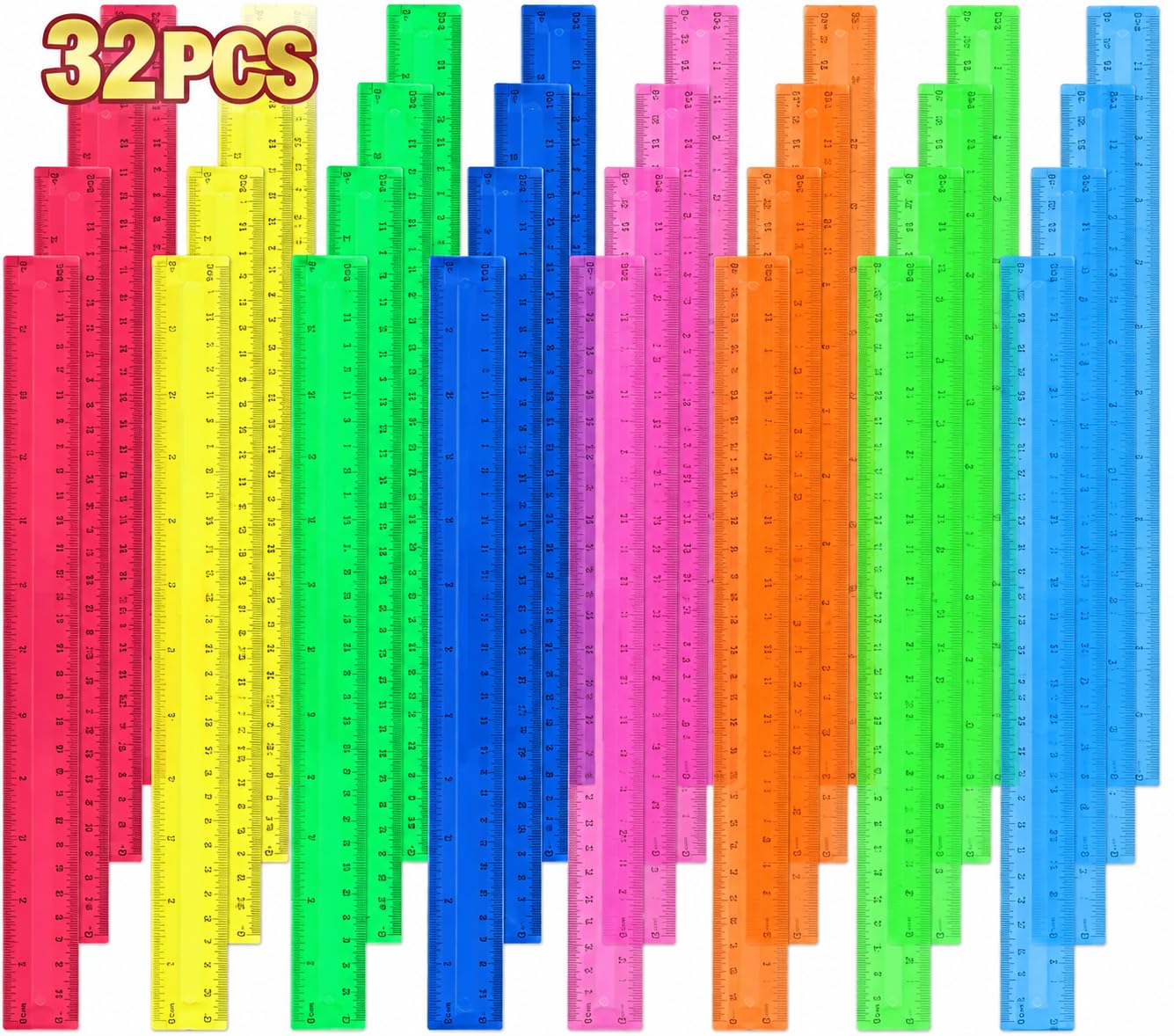 32 Pcs Multicolor Plastic Rulers 12 Inch Flexible Measuring Rulers with Inch and Centimeter Scales for Classroom School and Art Use
