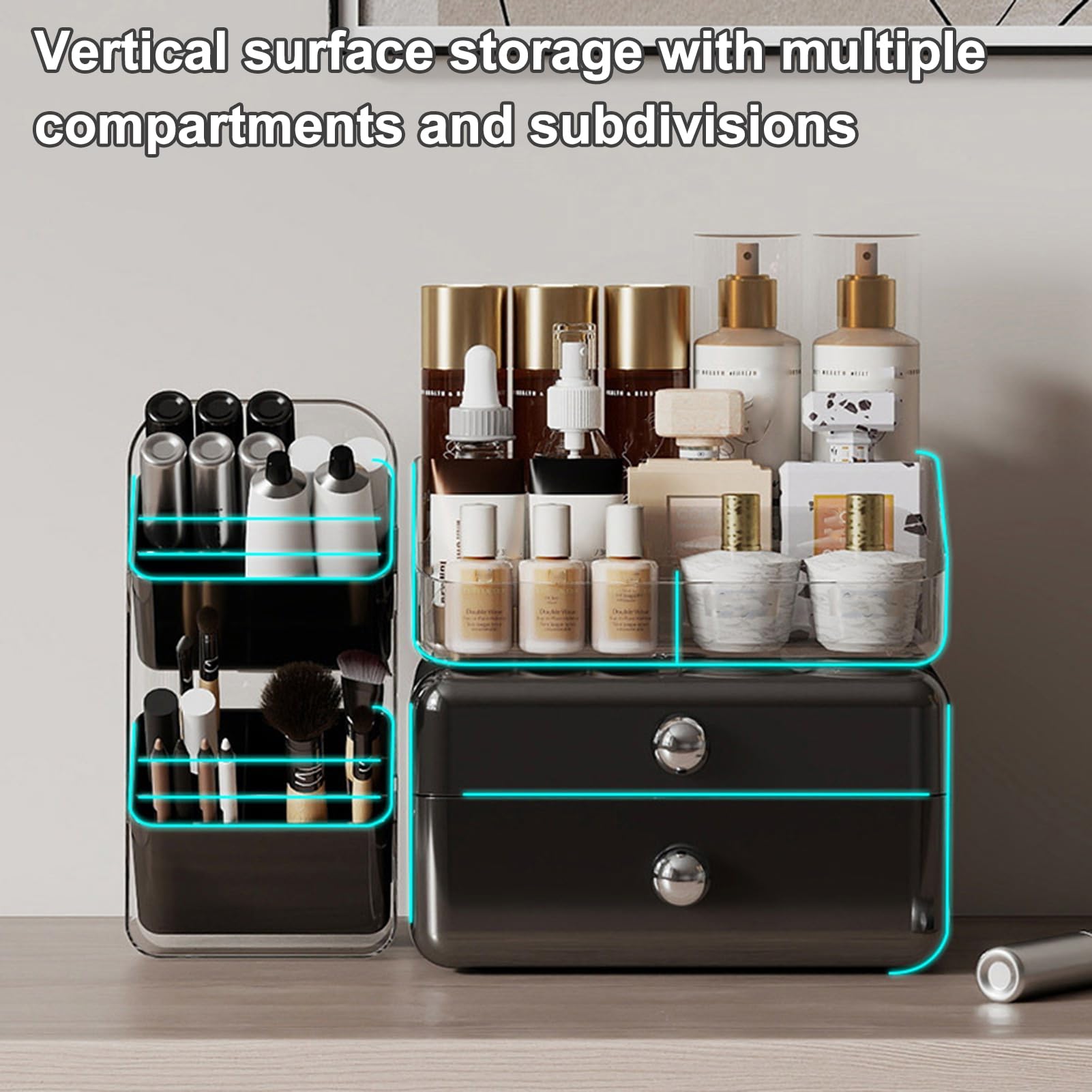 Caja de almacenamiento de cosméticos de escritorio, organizador de cosméticos de gran capacidad con 2 cajones, caja extraíble con múltiples compartimentos, organizador de maquillaje para