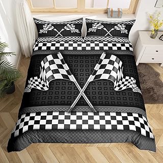 Race Car Themed Duvet Cover Black White Checkered Flag Print Bedding Set Stripes Geometric Honeycomb Comforter Cover(No Filler) for Boys Girls Kids Room Decor Bedding Set Twin Size with 1 Pillowcase