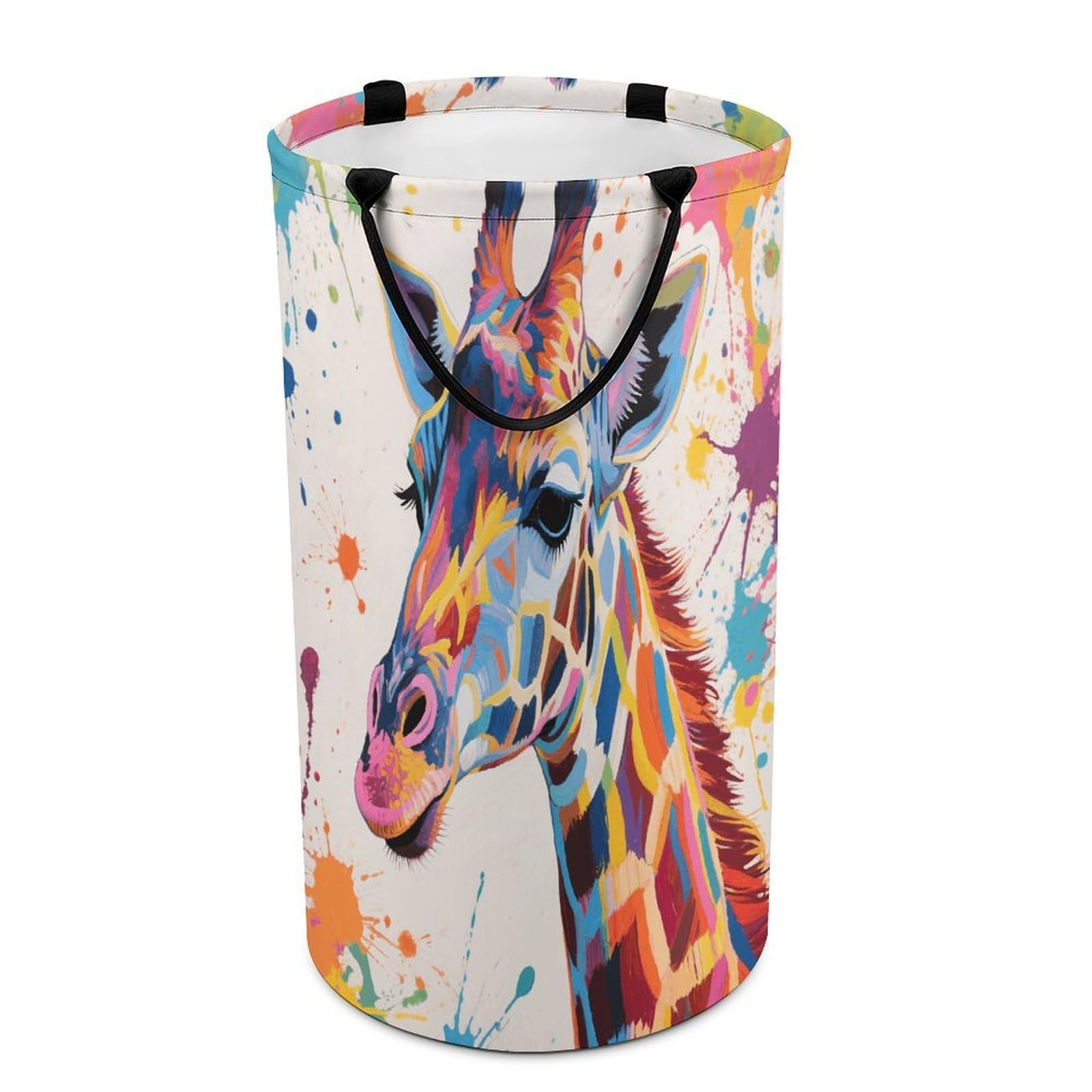 Colorful Giraffe Painting Laundry Basket with Handles Large Collapsible Laundry Bag Freestanding Waterproof Clothes Hamper Decor Storage of Dirty Clothe for Family Bathroom 86L