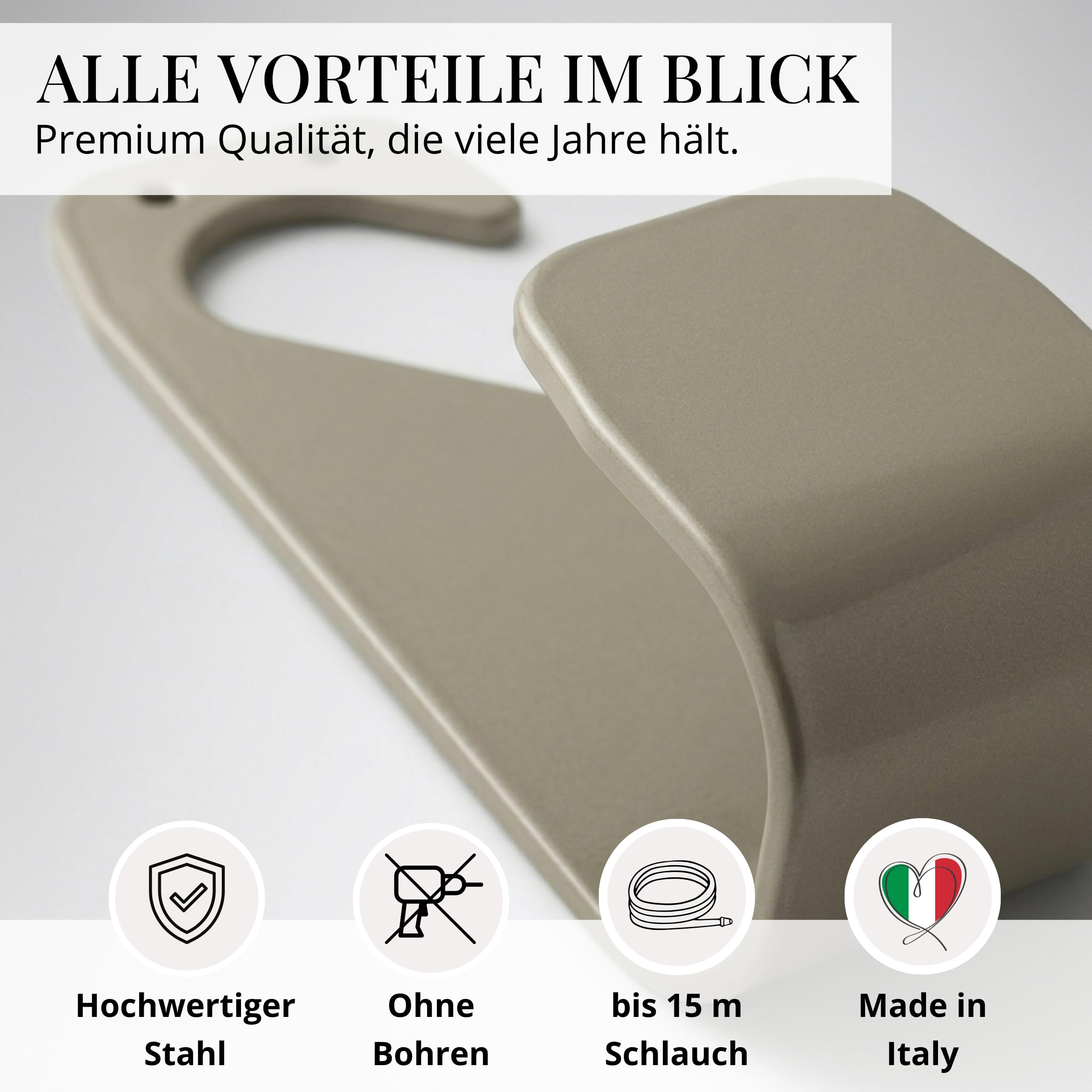 Livlig53 LIVLIG Gartenschlauch Halterung ohne Bohren, Schlauchhaken aus Metall, Schlauchhalter Wand/Wandschlauchhalter für bis zu 10 m Gartenschlauch oder 20 m Flexschlauch, Made in Italy, Beige