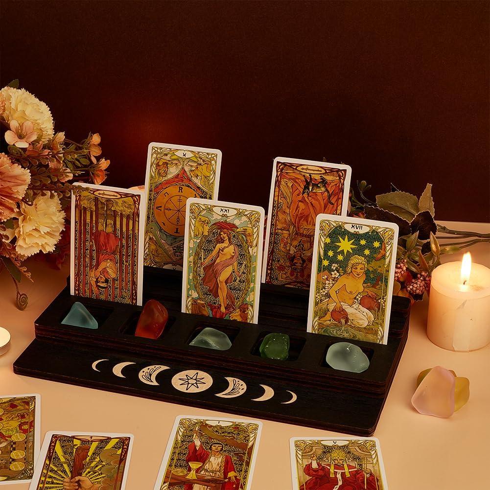 FINGERINSPIRE Wooden Tarot Card Holder 3-Tier Rectangle Tarot Cards Display Stand Portable Black Witchy Desk Decor Card Holder with Moon Phases for Show Daily Affirmation Cards Divination Tools image 4