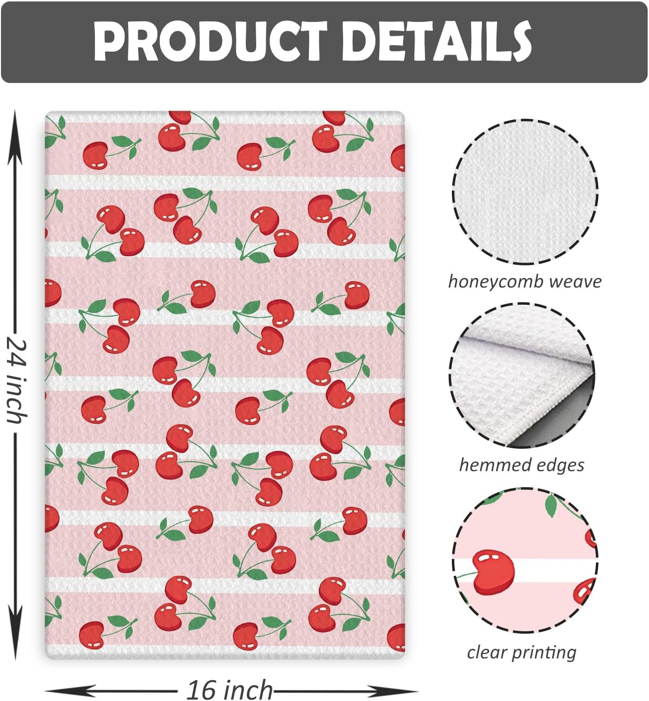 Pink Cherry Kitchen Towels, Fruit Lover Gifts, Summer Preppy Cute Cherry Fruit Decorative Dish Tea Hand Towels for Kitchen Bathroom, 16x24 Inches - Image 6
